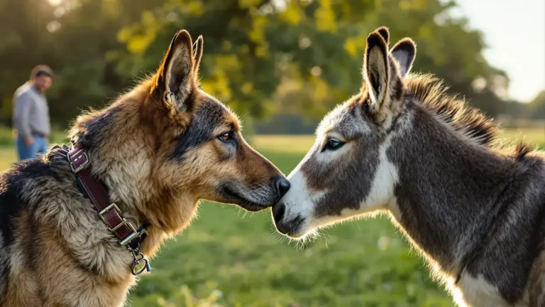 Na farmě německý ovčák a osel ukazují že přátelství překonává zavedené konvence