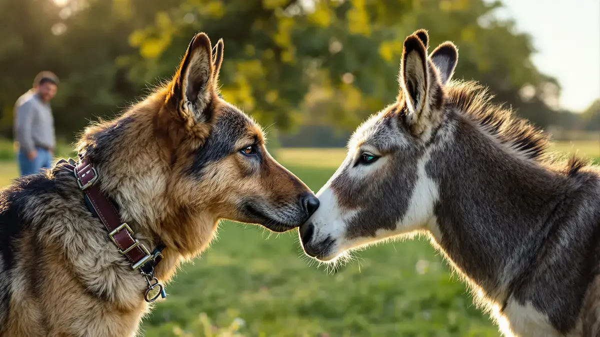 Na farmě německý ovčák a osel ukazují že přátelství překonává zavedené konvence